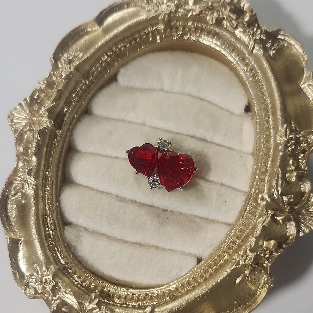 Vintage Retired Swarovski Lapel Pin Tie Tack Double Red Hearts Silver Tone